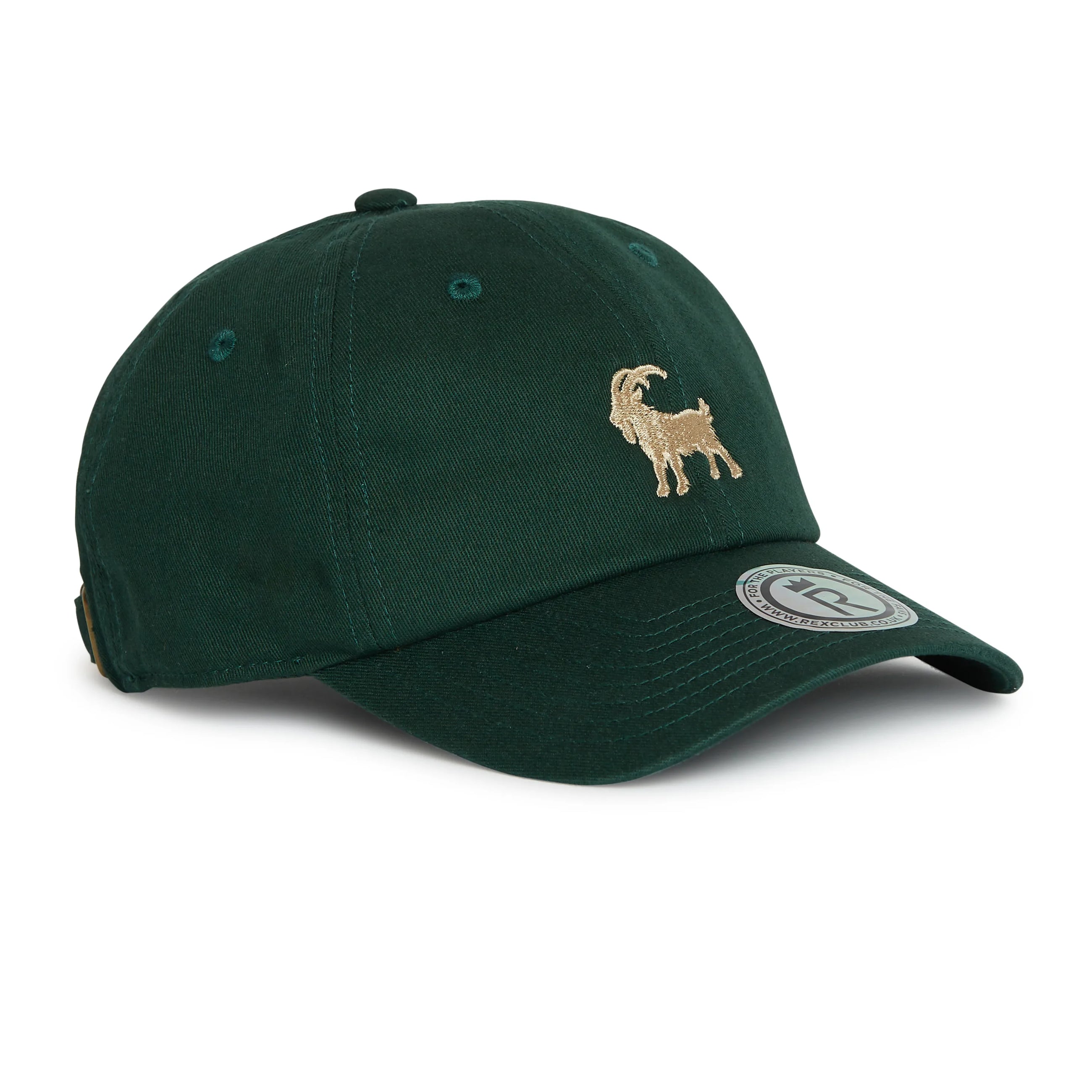 Rex Club | The Rex Club Goat - Dark Green cap features a dark green design with an embroidered tan goat on the front and a circular logo sticker on the visor. | Custom Caps | Custom Hats | Team Headwear | UK