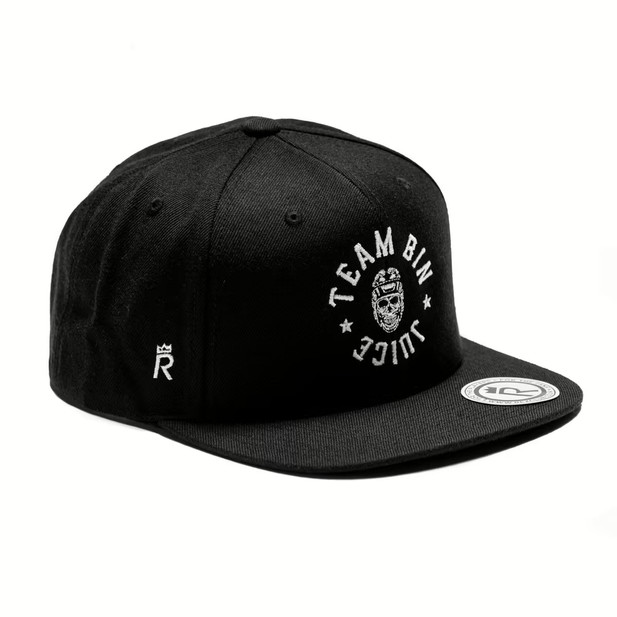 Rex Club | The Rex Club Team Bin Juice Benchwarming Snapback in black features white "TEAM BIN JUICE" embroidery and front graphic, a crowned "R" on the side, and a round white patch on the brim. | Custom Caps | Custom Hats | Team Headwear | UK