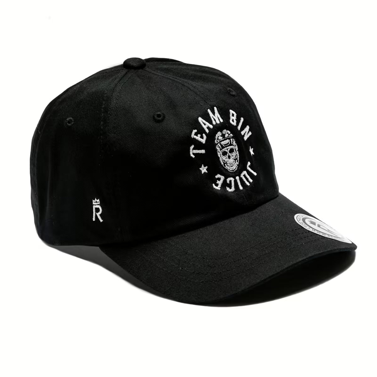 Rex Club | The Rex Club Team Bin Juice Benchwarming - Slouch cap in black features "TEAM BIN JUICE" and a skull logo embroidered on the front, a small white "R" on the side, and a round sticker on the brim. | Custom Caps | Custom Hats | Team Headwear | UK
