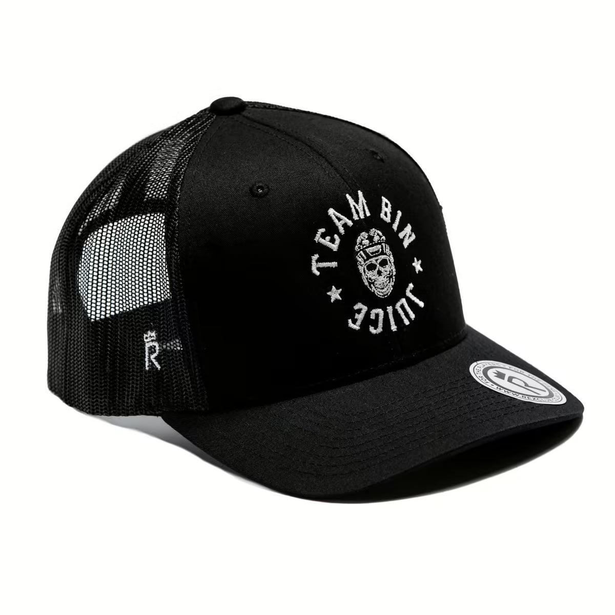 Rex Club | The Rex Club Team Bin Juice Benchwarming Trucker in black features white "TEAM BIN JUICE" embroidery with a logo on the front and a circular sticker on the flat brim. | Custom Caps | Custom Hats | Team Headwear | UK