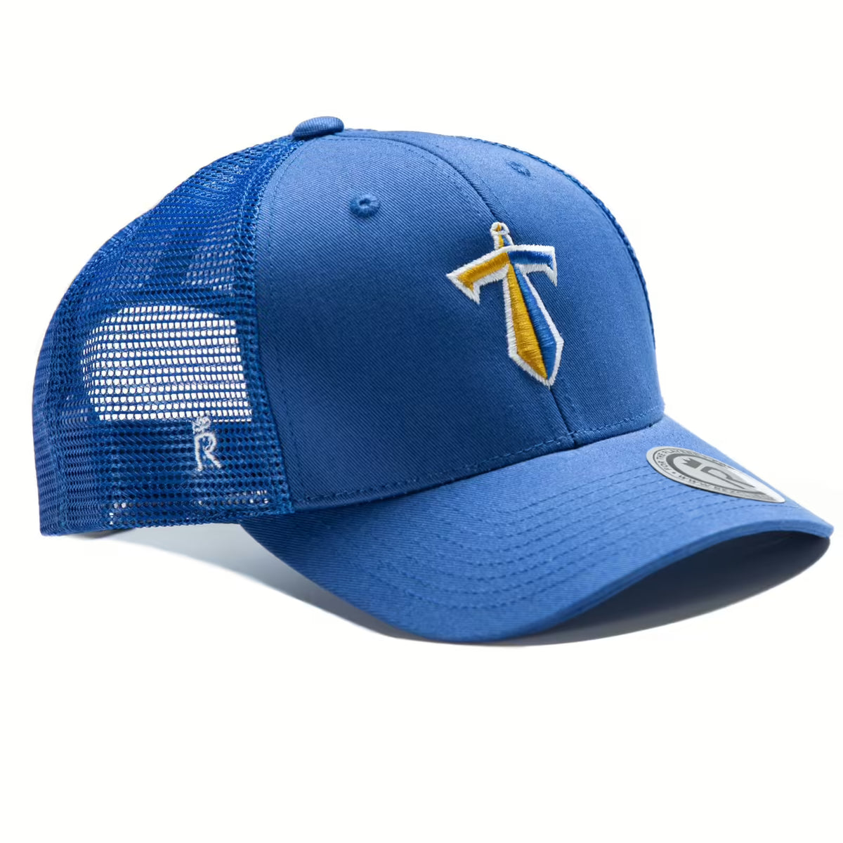 Rex Club | The Rex Club Manchester Titans Trucker is a royal blue mesh hat with a curved brim, yellow and white embroidered pickaxe logo on the front, silver sticker on the brim, and made from a breathable cotton-polyester blend. | Custom Caps | Custom Hats | Team Headwear | UK
