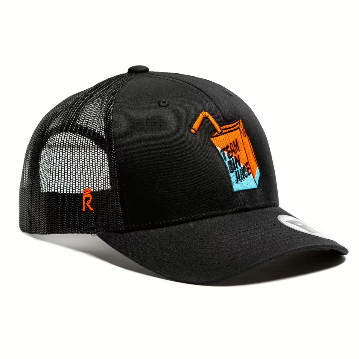 Rex Club | The Rex Club Team Bin Juice Carton - Trucker hat features a black mesh design with an orange and blue embroidered juice box and “TECH AND JUICE” text on the front, plus a small orange "R" on the side. | Custom Caps | Custom Hats | Team Headwear | UK