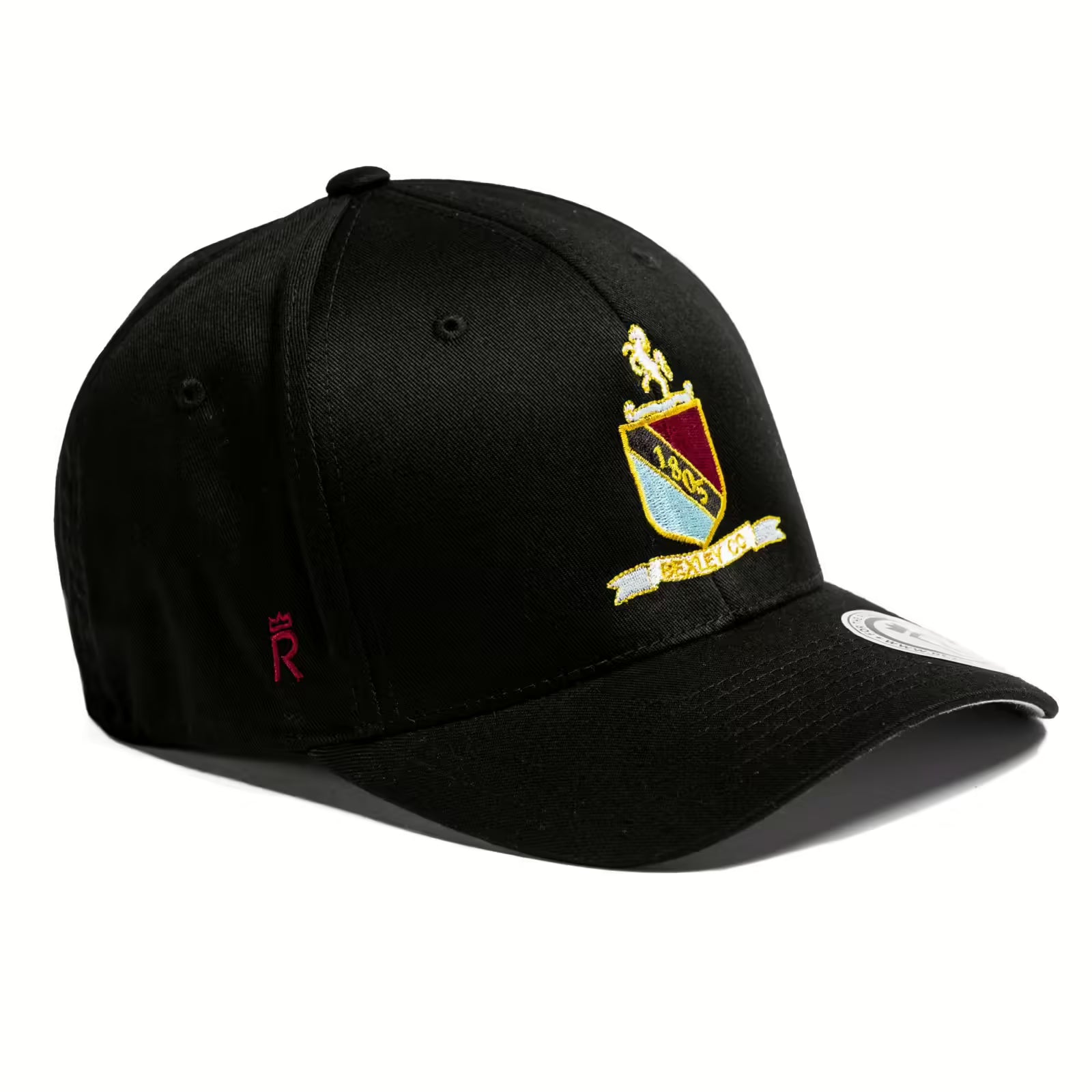 Rex Club | The Bexley CC Stretch by Rex Club is a black stretch fit cap with an embroidered colorful crest and yellow banner on the front, plus a small red "R" on the side—perfect for any Bexley CC supporter. | Custom Caps | Custom Hats | Team Headwear | UK
