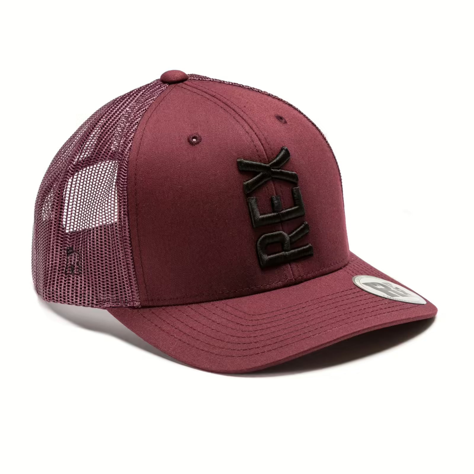 Rex Club | The Rex Club Tilted - Trucker, Maroon / Black is a maroon hat with a curved brim and “REX” embroidered vertically in black on the front, featuring breathable mesh sides and back. | Custom Caps | Custom Hats | Team Headwear | UK