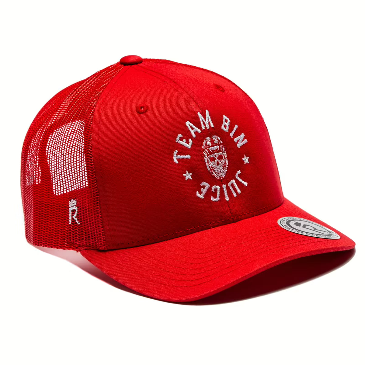 Rex Club | The Rex Club Team Bin Juice Benchwarming Trucker in bright red features mesh panels, a curved bill, white "TEAM BIN JUICE" embroidery and face logo front, a white "R" on the side, and a visor sticker. | Custom Caps | Custom Hats | Team Headwear | UK