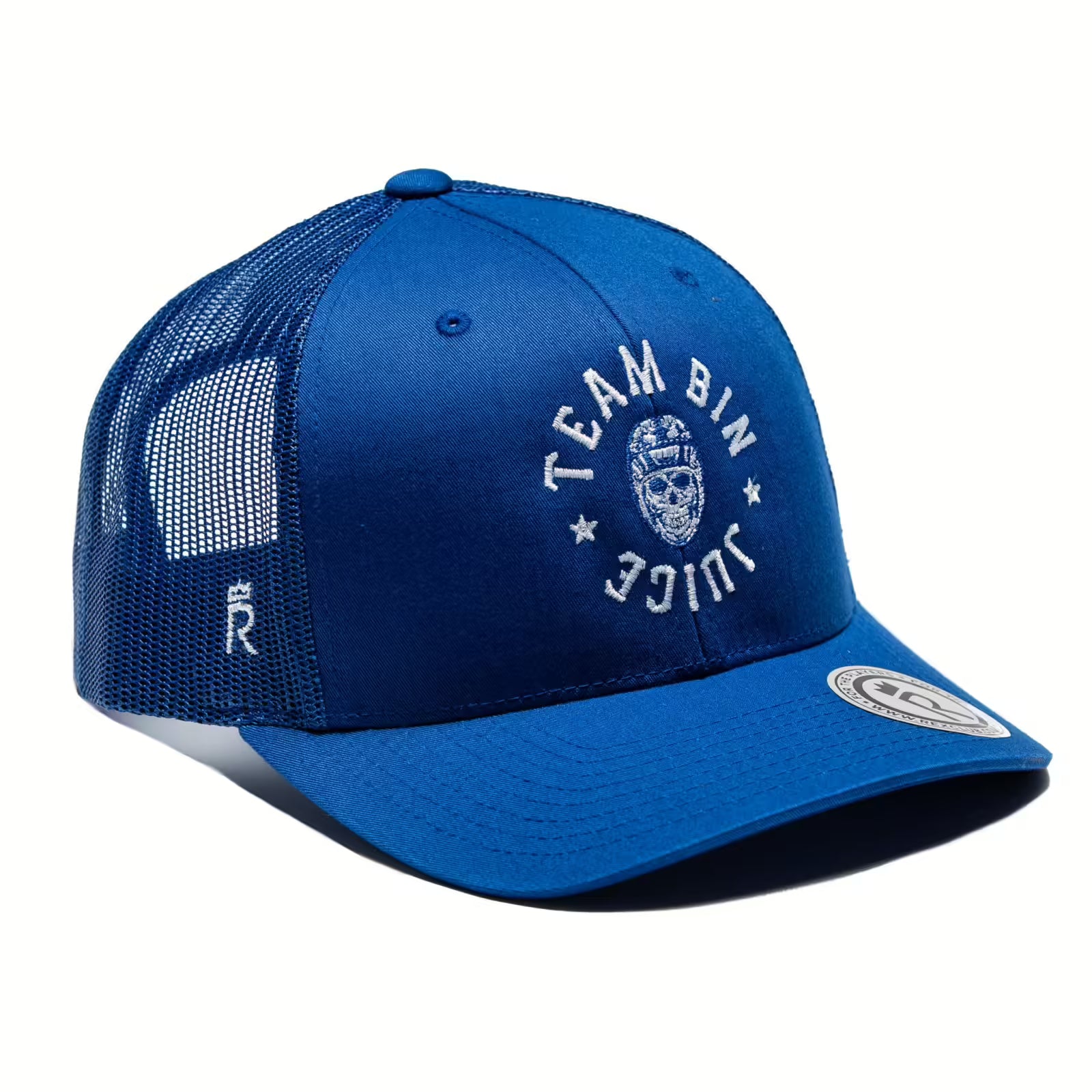 Rex Club | The Rex Club Team Bin Juice Benchwarming Trucker in royal blue features a mesh back, "TEAM BIN JUICE" text, a cartoon bin logo embroidered on the front, and a circular sticker on the brim. | Custom Caps | Custom Hats | Team Headwear | UK