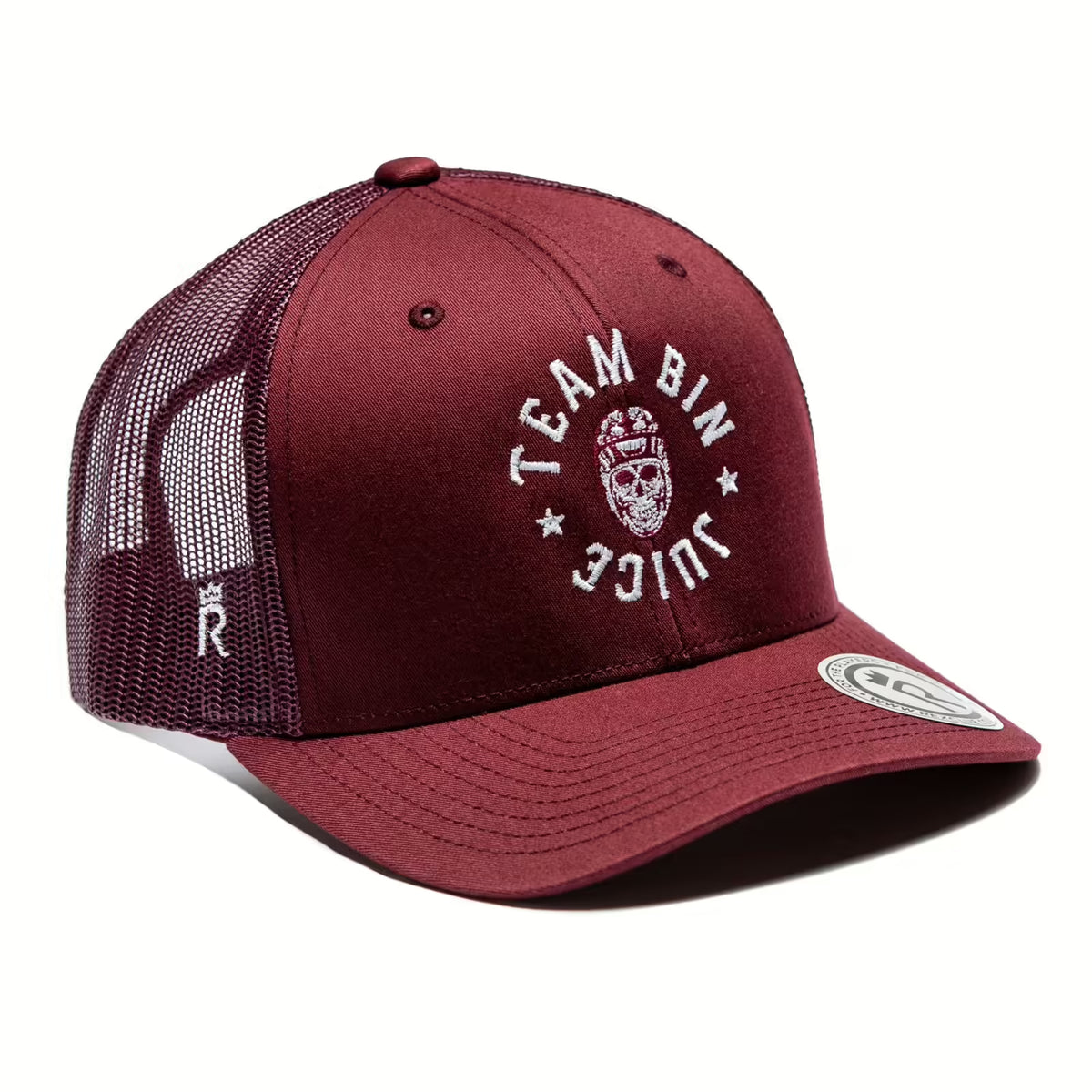 Rex Club | The Rex Club Team Bin Juice Benchwarming Trucker in maroon features a cartoon bin logo and "TEAM BIN JUICE" embroidered on the front, a mesh back, curved brim, and a white round sticker on the visor. | Custom Caps | Custom Hats | Team Headwear | UK
