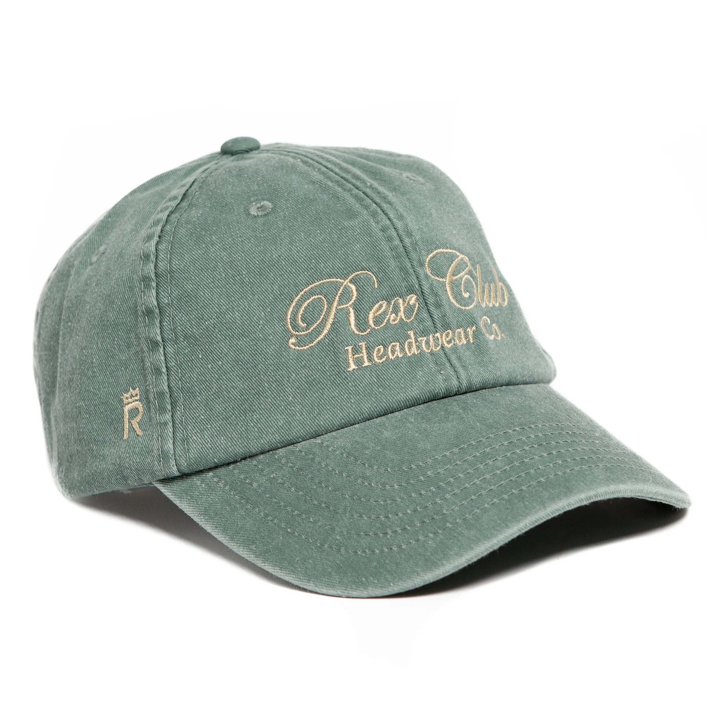 Rex Club | The Rex Club Headwear Co. - Sea Green cap by Rex Club features "Rex Club Headwear Co." embroidered in beige on the front, a small crowned "R" logo on the side, a curved brim, and a relaxed, unstructured design. | Custom Caps | Custom Hats | Team Headwear | UK