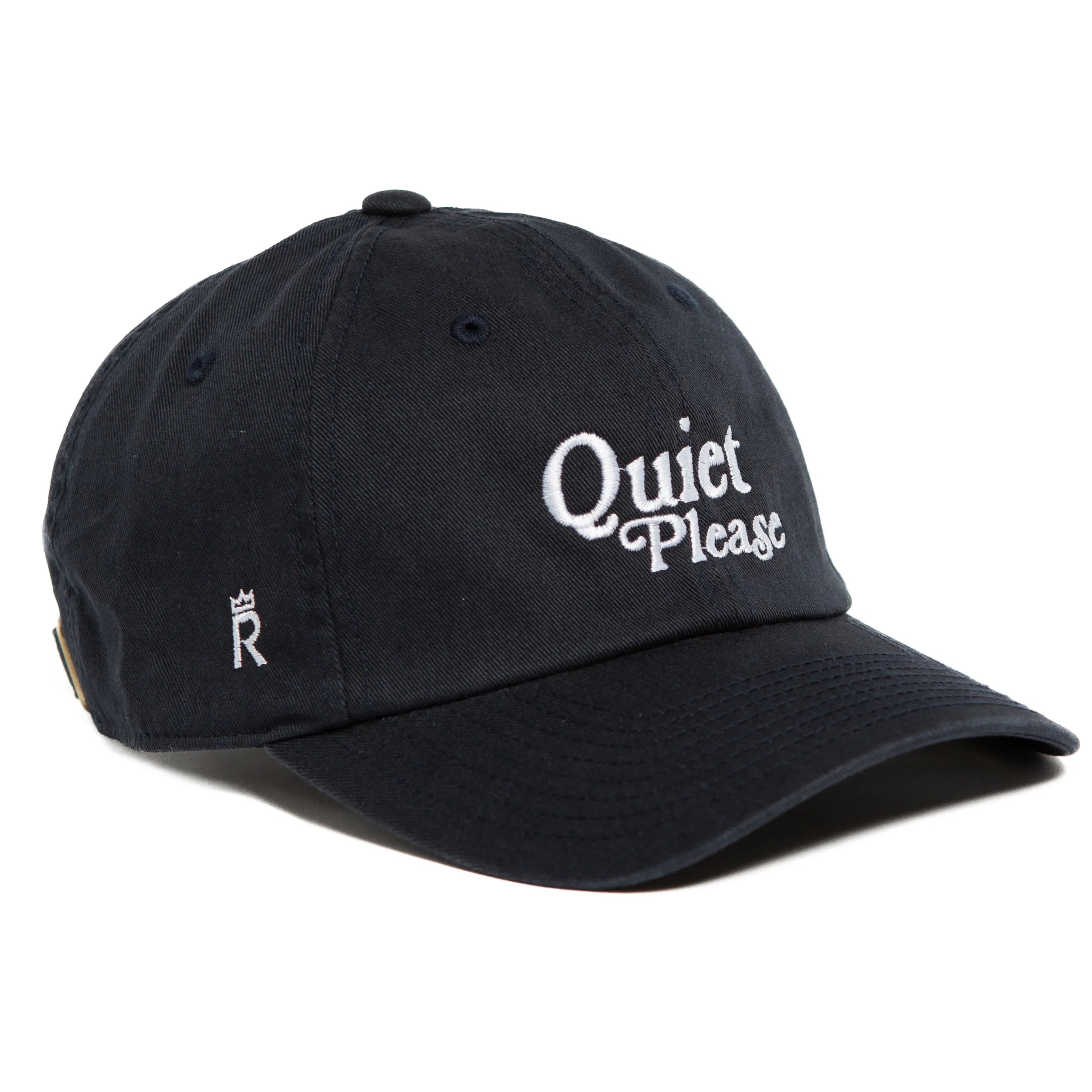 Rex Club | A navy slouch baseball cap by Rex Club with "Quiet Please" embroidered in white on the front and a small crowned "R" on the side. | Custom Caps | Custom Hats | Team Headwear | UK