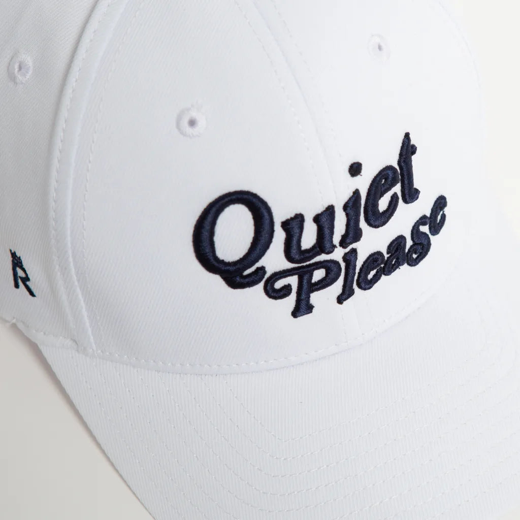 Rex Club | A close-up of the Rex Club Golf: Quiet Please - White, Performance cap, featuring "Quiet Please" embroidered in black on the front. | Custom Caps | Custom Hats | Team Headwear | UK