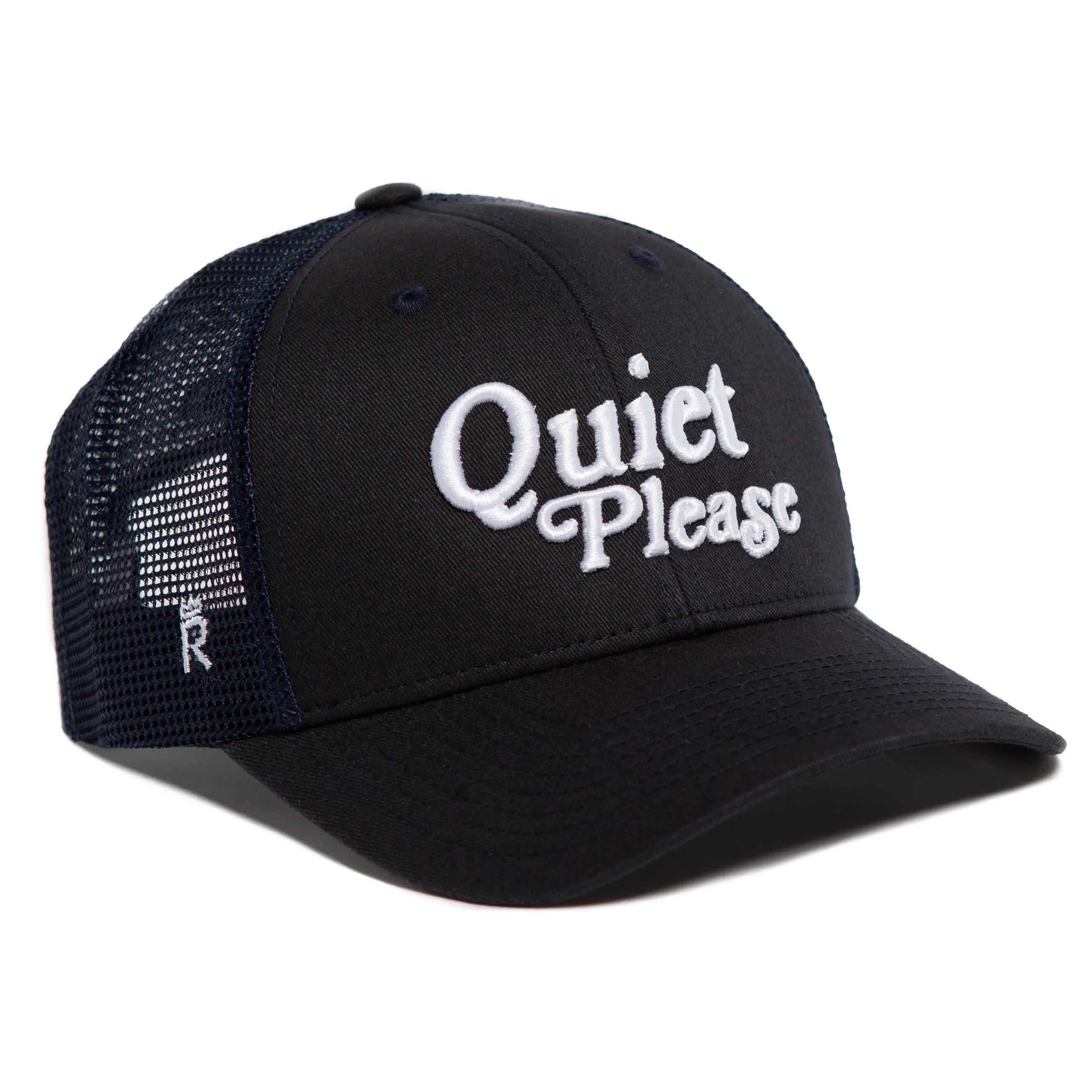 Rex Club | The Rex Club Golf: Quiet Please - Navy Trucker cap features “Quiet Please” embroidered in white on the front, black mesh back panels, and a small "R" logo on the side. | Custom Caps | Custom Hats | Team Headwear | UK