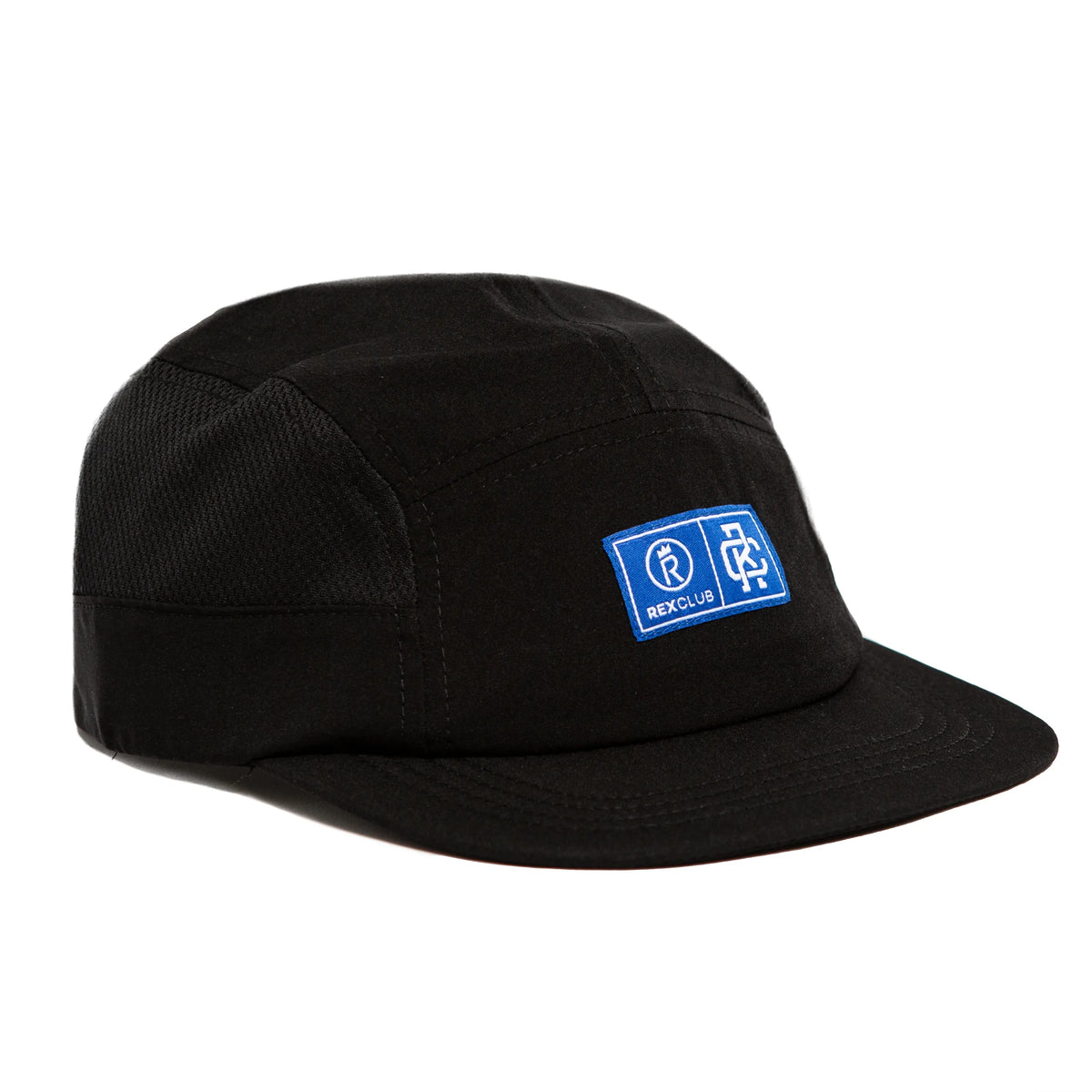 Rex Club | The Rex Club Running Cap is a black five-panel polyester cap with a flat brim, featuring a blue embroidered patch with white graphics and "REXCLUB" on the front. | Custom Caps | Custom Hats | Team Headwear | UK