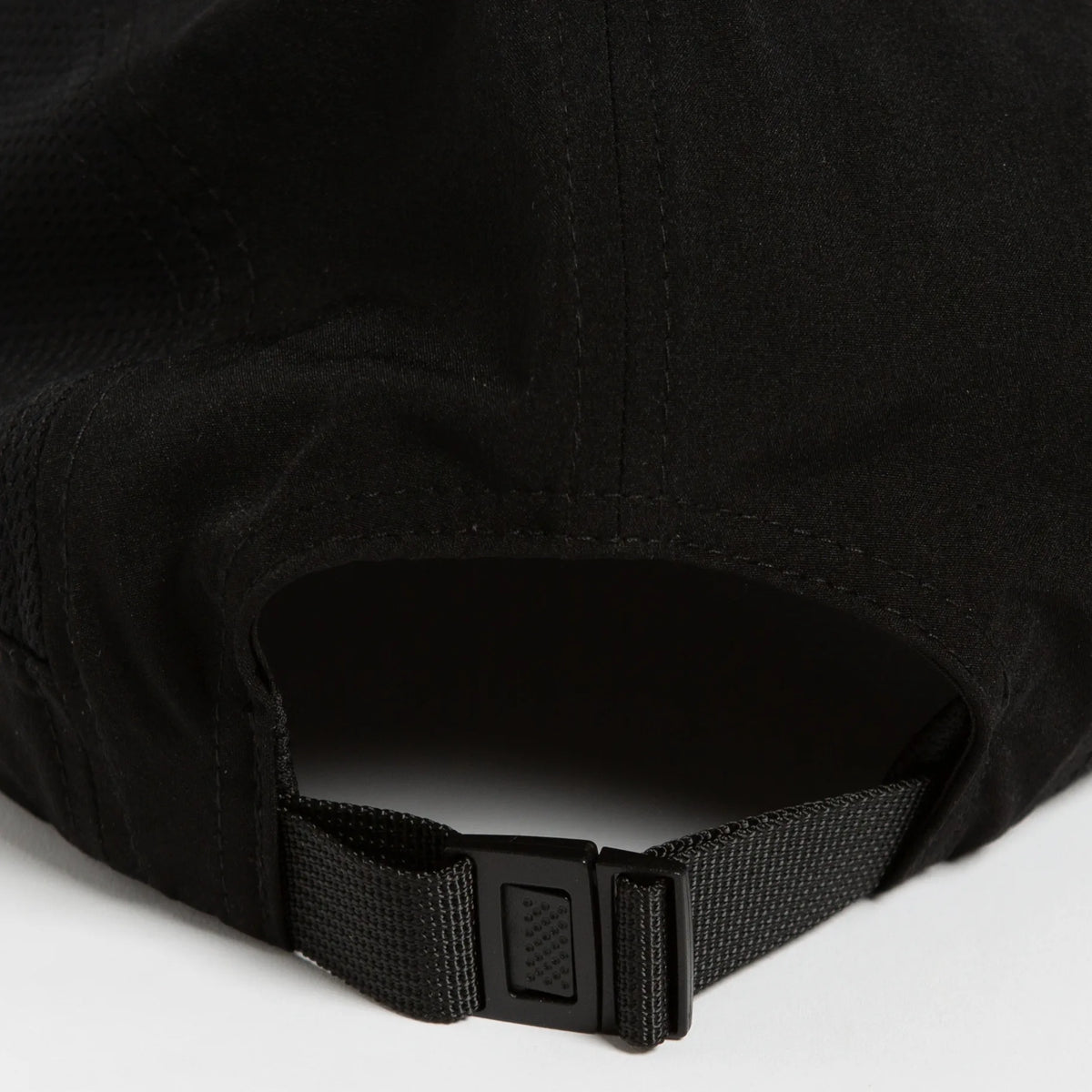 Rex Club | Close-up of the back of a Rex Club Running Cap in black polyester, featuring an adjustable strap with a black clasp. Fabric and stitching details are clearly visible. | Custom Caps | Custom Hats | Team Headwear | UK