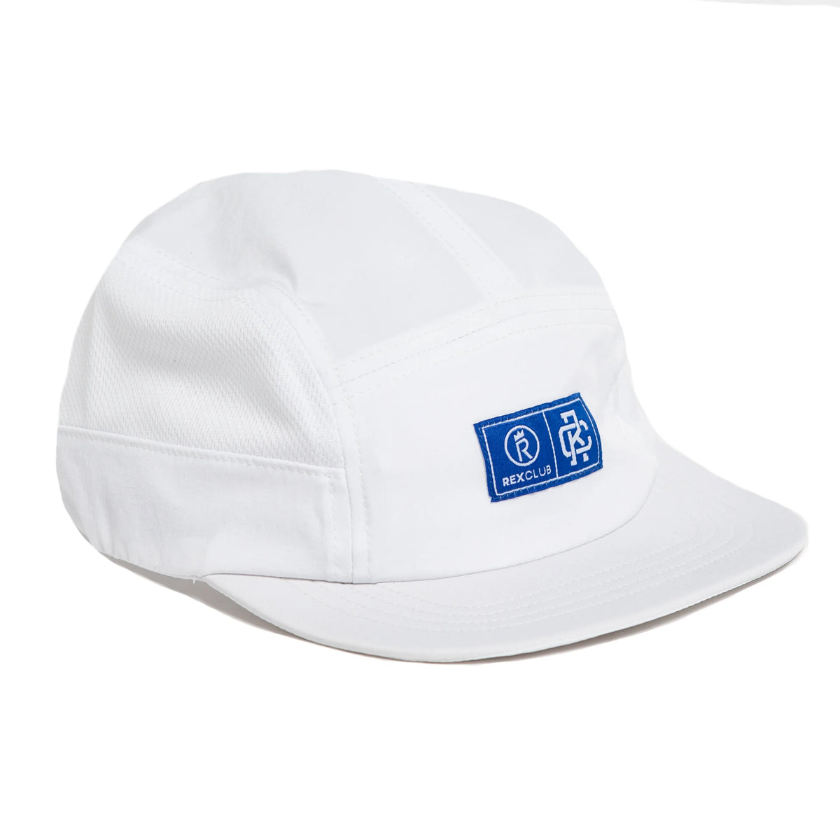 Rex Club | The Rex Club Running Caps is a white five-panel polyester cap with a flat brim, featuring two blue rectangular patches with white logos and text on the front, shown on a plain white background. | Custom Caps | Custom Hats | Team Headwear | UK
