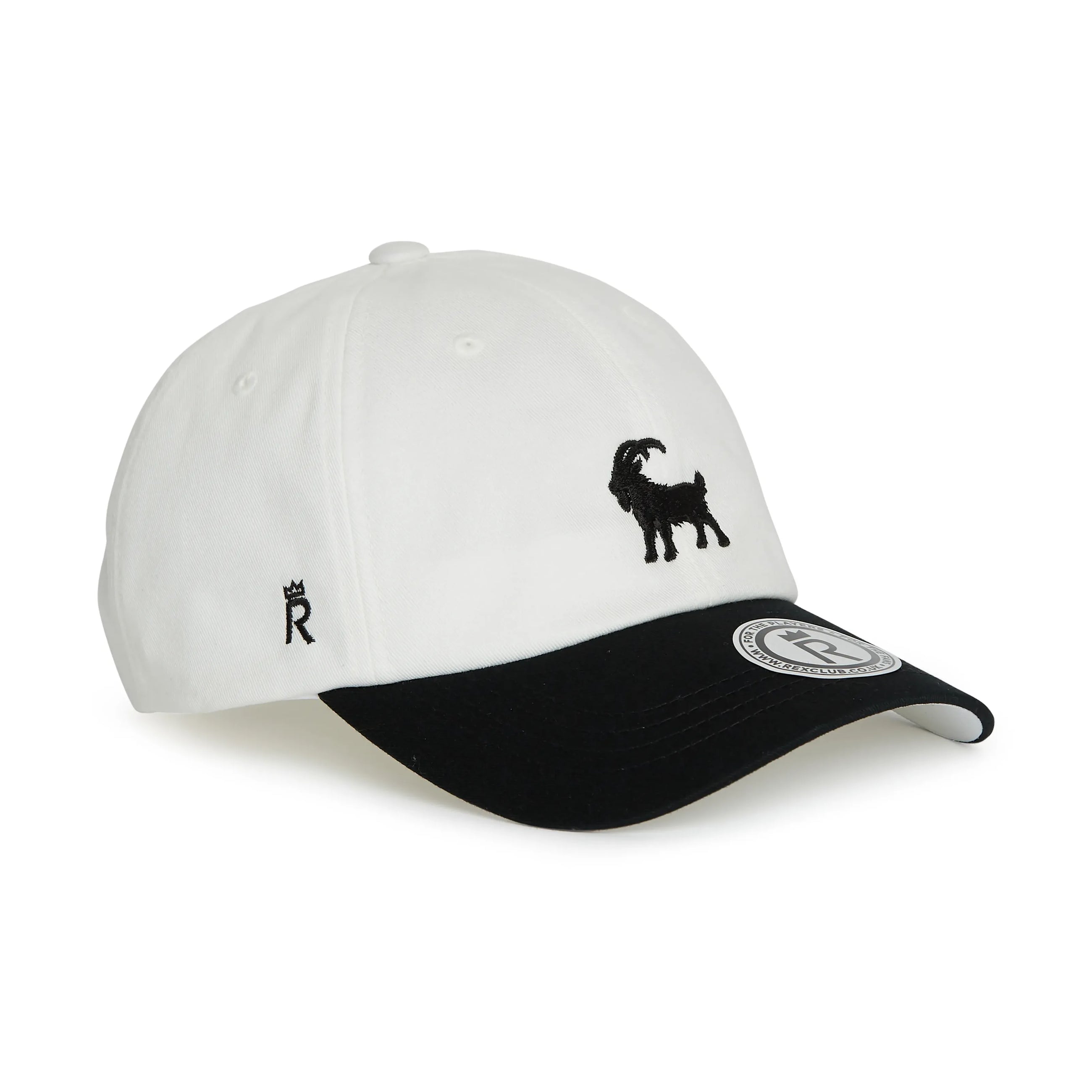 Rex Club | The Rex Club Goat - Black & White cap features a white crown, black visor, embroidered black goat on the front, a small crown and "R" emblem on the side, and a round logo patch on the brim. | Custom Caps | Custom Hats | Team Headwear | UK