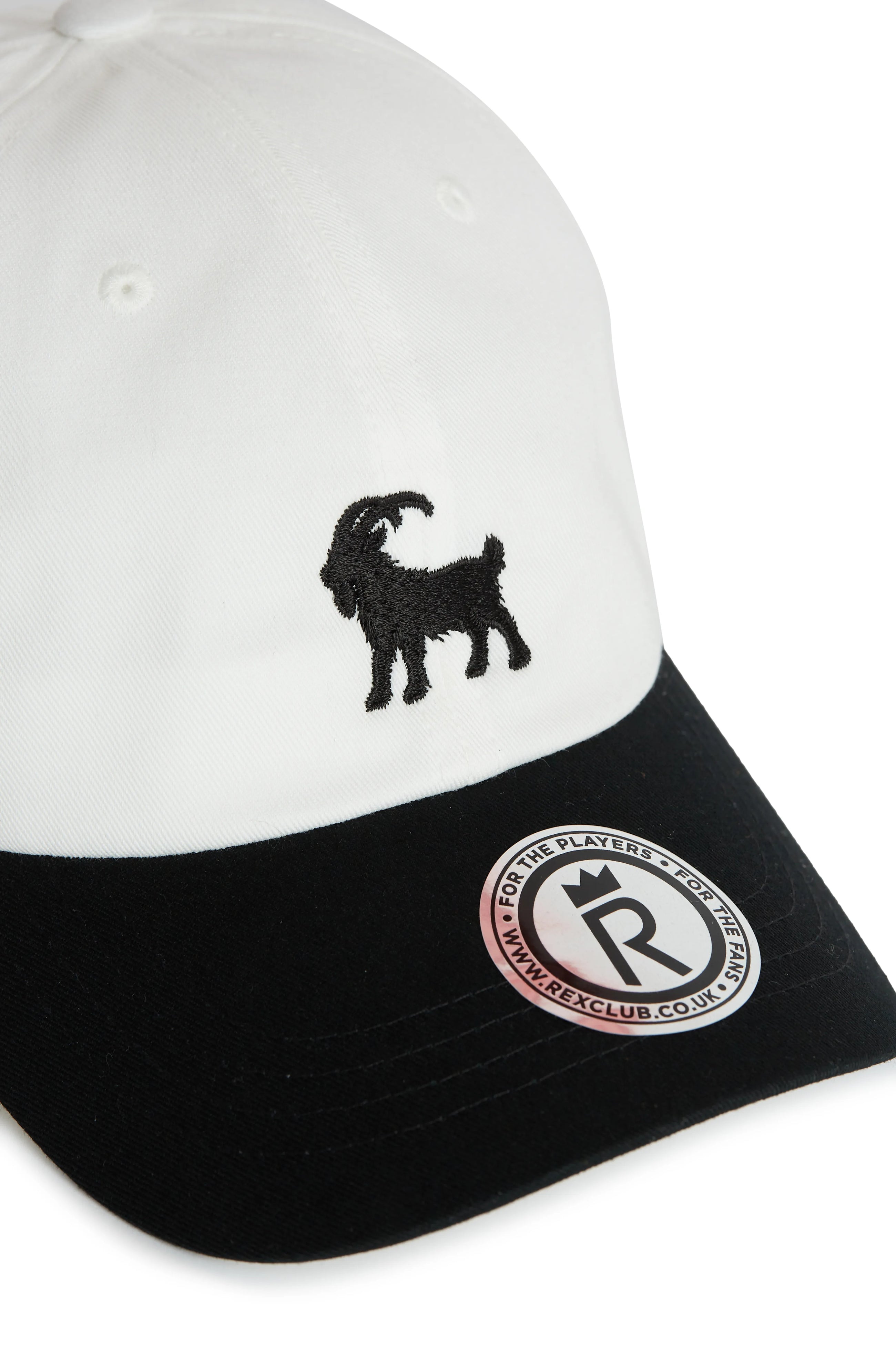Rex Club | The "Goat - Black & White" cap by Rex Club features a white crown, black brim, embroidered black goat on the front, and a round Rex Club sticker on the brim. | Custom Caps | Custom Hats | Team Headwear | UK