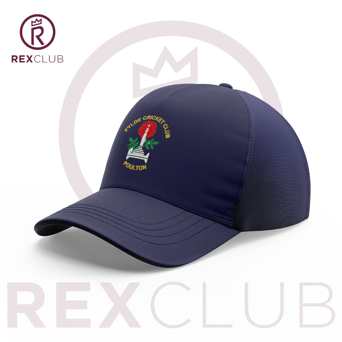 Rex Club | The Fylde CC Stretch by Rex Club is a navy stretch-fit baseball cap featuring "FYLDE CRICKET CLUB POULTON" in yellow, embroidered around a red rose and green cricket stump logo—ideal for Palace Shield Cricket League fans. | Custom Caps | Custom Hats | Team Headwear | UK