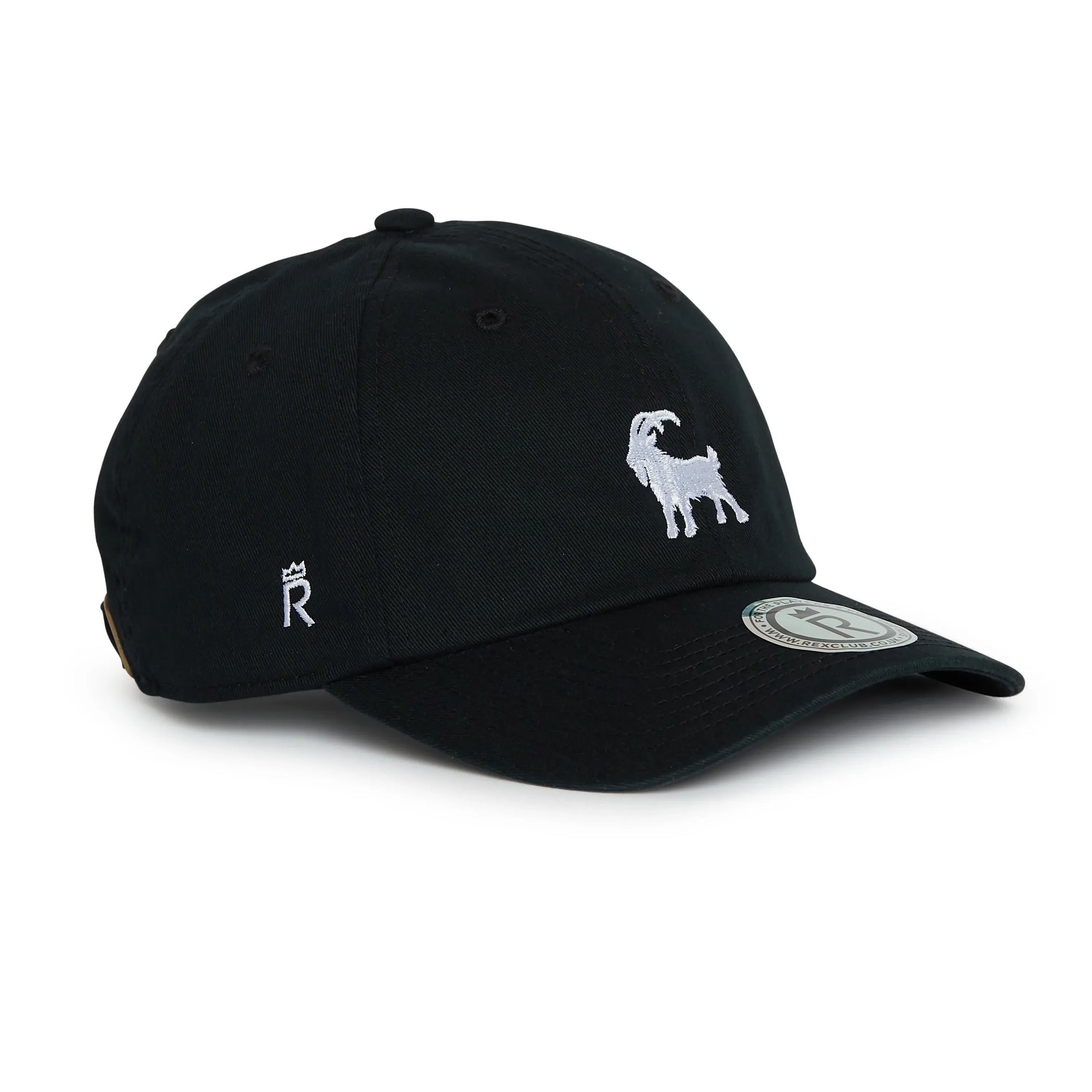 Rex Club | The Rex Club Goat - Black is a black baseball cap with a white embroidered goat on the front, a crown and "R" on the side, and a round logo sticker on its curved brim. | Custom Caps | Custom Hats | Team Headwear | UK