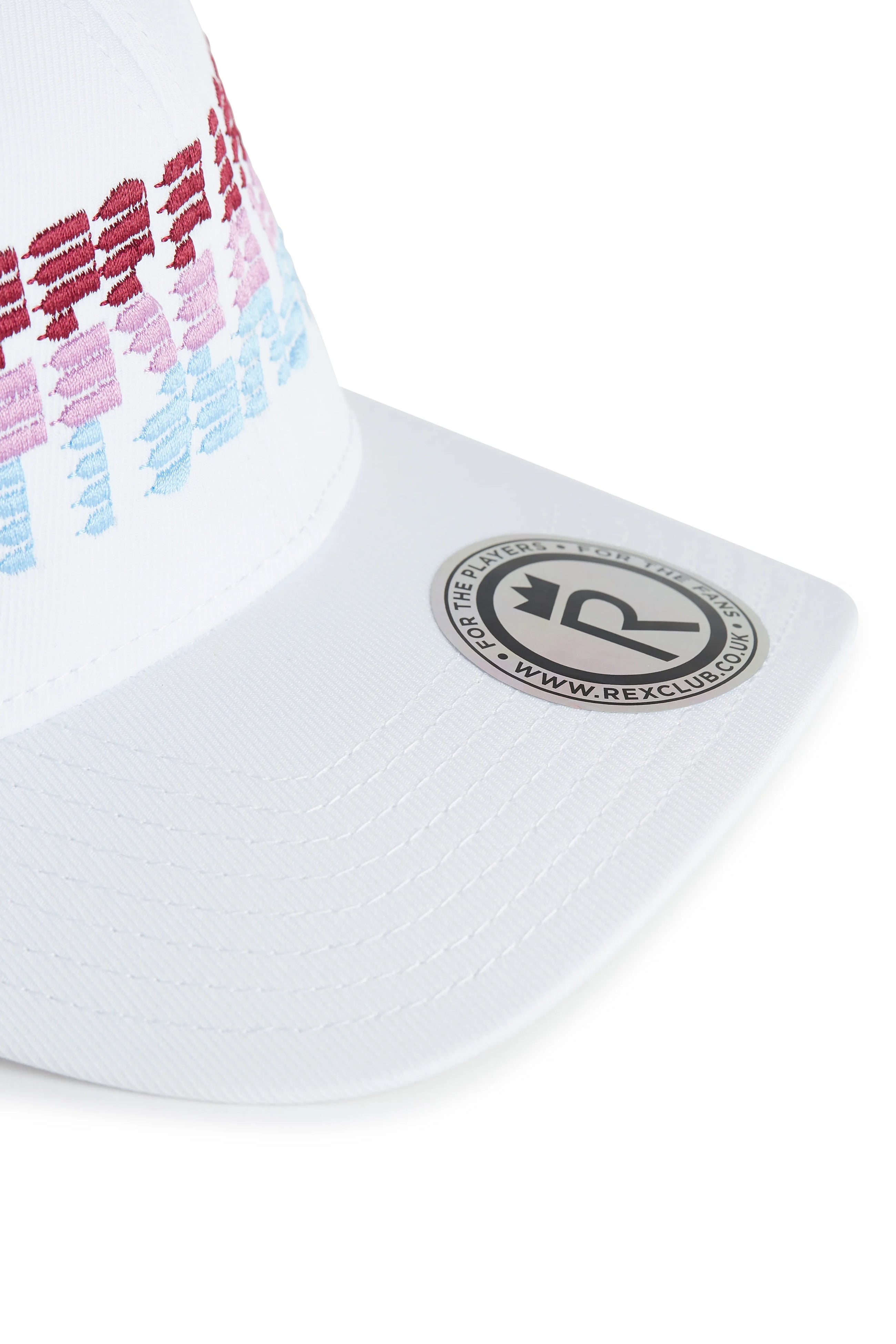 Rex Club | A close-up of the Rex Club OFFSEASON 26 - Navy performance cap featuring a multicolored pixel design and a round RC-Sun sticker on the brim. | Custom Caps | Custom Hats | Team Headwear | UK