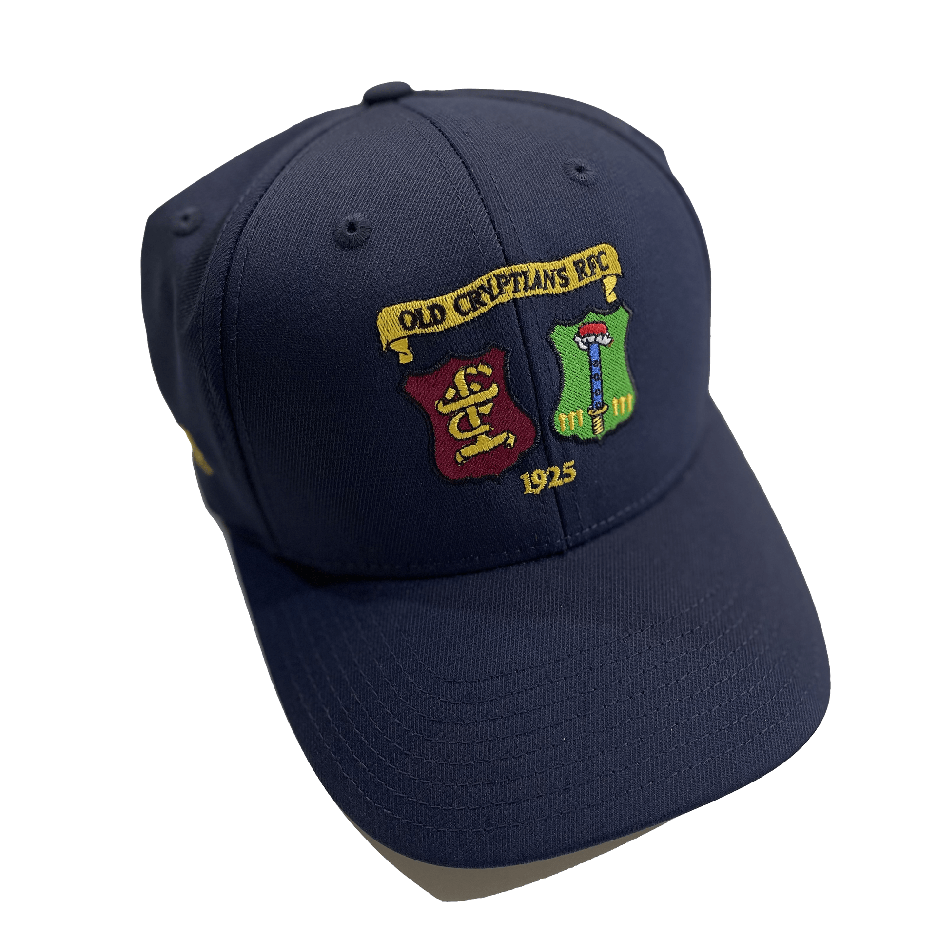 Rex Club | The Rex Club Old Cryptians RFC navy stretch-fit hat features an embroidered crest with "OLD CRYPTIANS RFC," twin shields, and "1925" on the front, made of polyester/cotton/spandex in S-M and L-XL sizes. | Custom Caps | Custom Hats | Team Headwear | UK