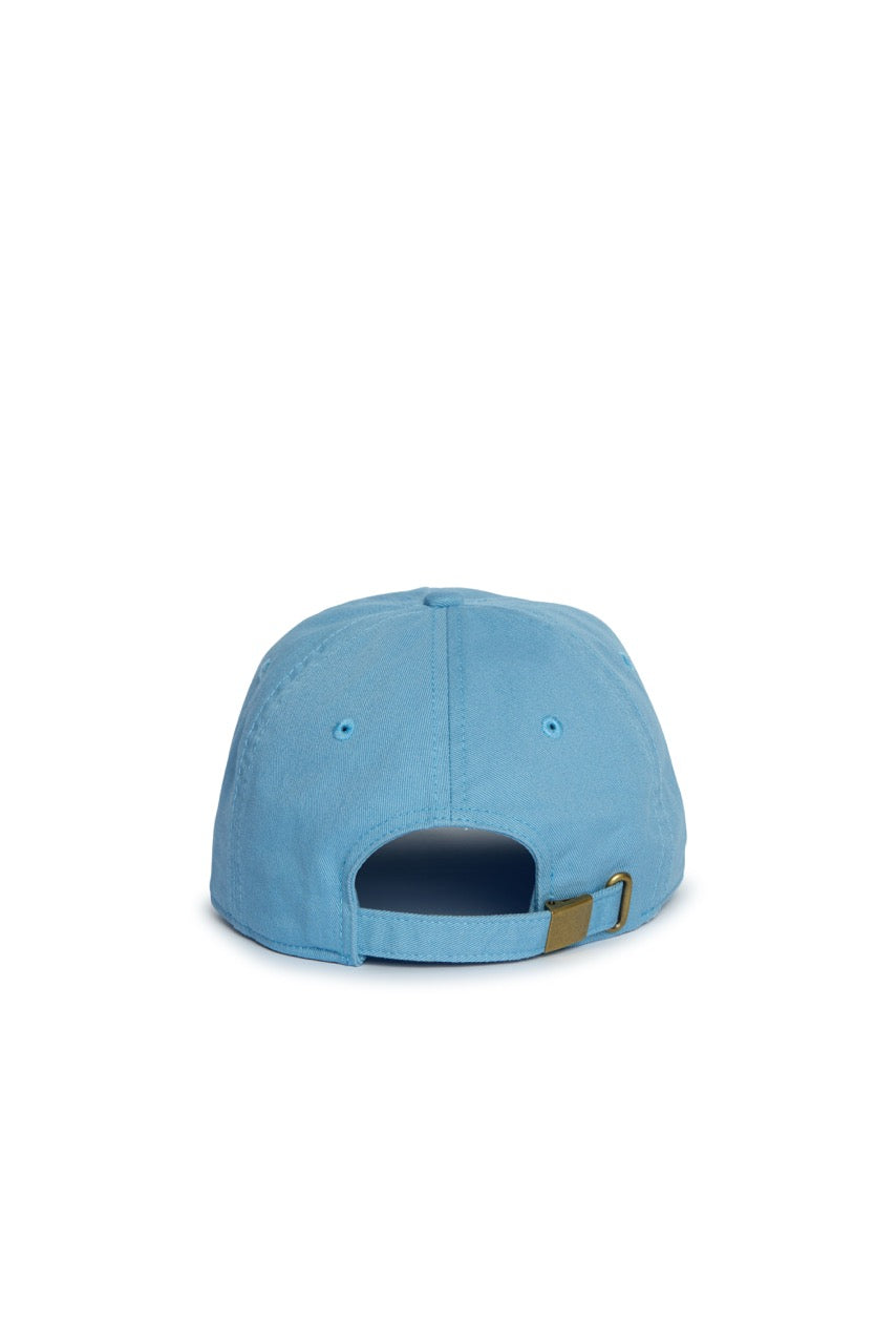 Rex Club | The Rex Club “In the details - Cornflower” cap is crafted from light blue cotton and shown from the back, highlighting its adjustable strap with a brass buckle and a small opening above the strap—ideal for those seeking stylish summer hats. | Custom Caps | Custom Hats | Team Headwear | UK