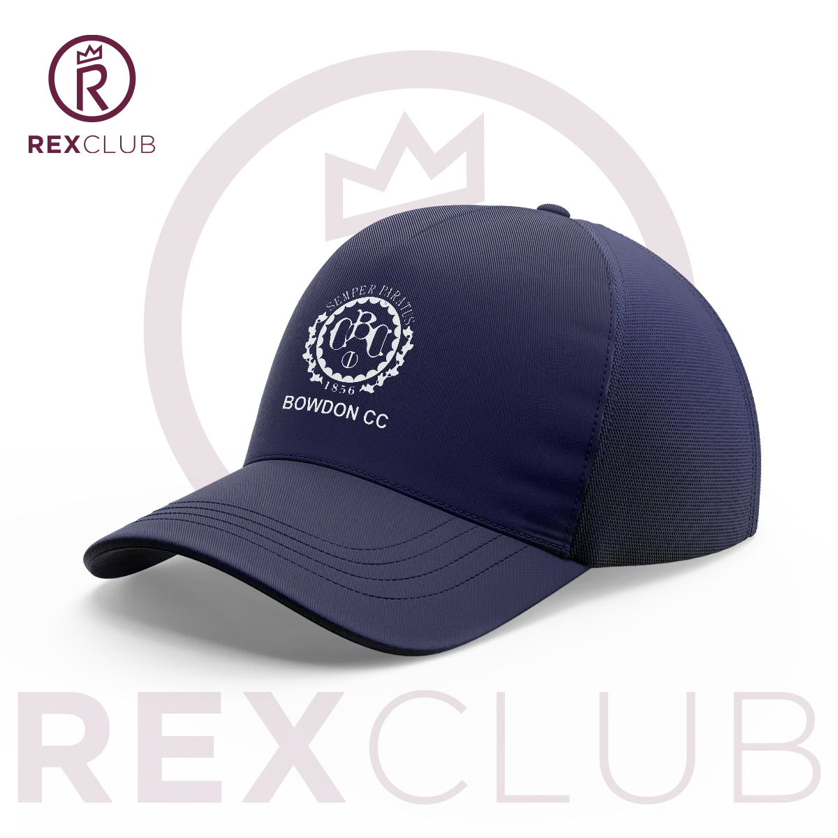 Rex Club | The Bowdon CC Stretch by Rex Club is a navy blue baseball cap featuring a white embroidered Bowdon Cricket Club logo with laurel on the front. Displayed on white with "REXCLUB" branding—ideal for Greater Manchester cricket fans. | Custom Caps | Custom Hats | Team Headwear | UK