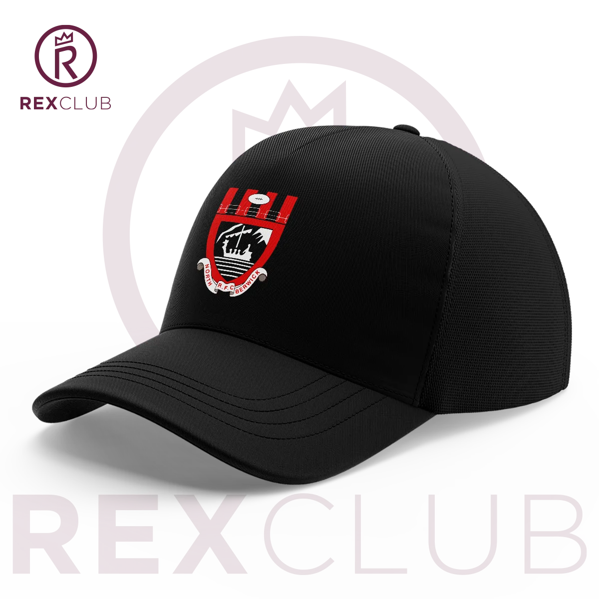 Rex Club | The North Berwick RFC Stretch by Rex Club is a black baseball cap with a red, white, and black embroidered crest on the front, shown on a white background with the "REX CLUB" logo, emphasizing its customised stretch fit for rugby fans. | Custom Caps | Custom Hats | Team Headwear | UK