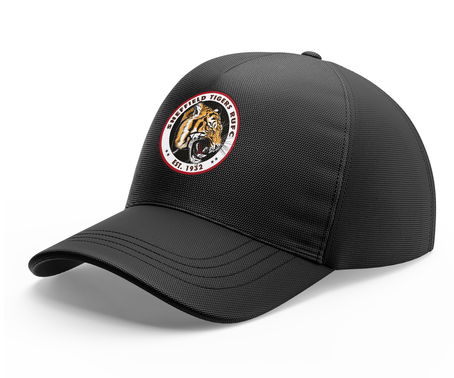 Rex Club | The Sheffield Tigers Stretch by Rex Club is a black Stretch Fit baseball cap with a round embroidered patch showing a growling tiger, "Sheffield Tigers R.F.C." and "Est. 1932" in red and black, made from durable polyester and spandex. | Custom Caps | Custom Hats | Team Headwear | UK