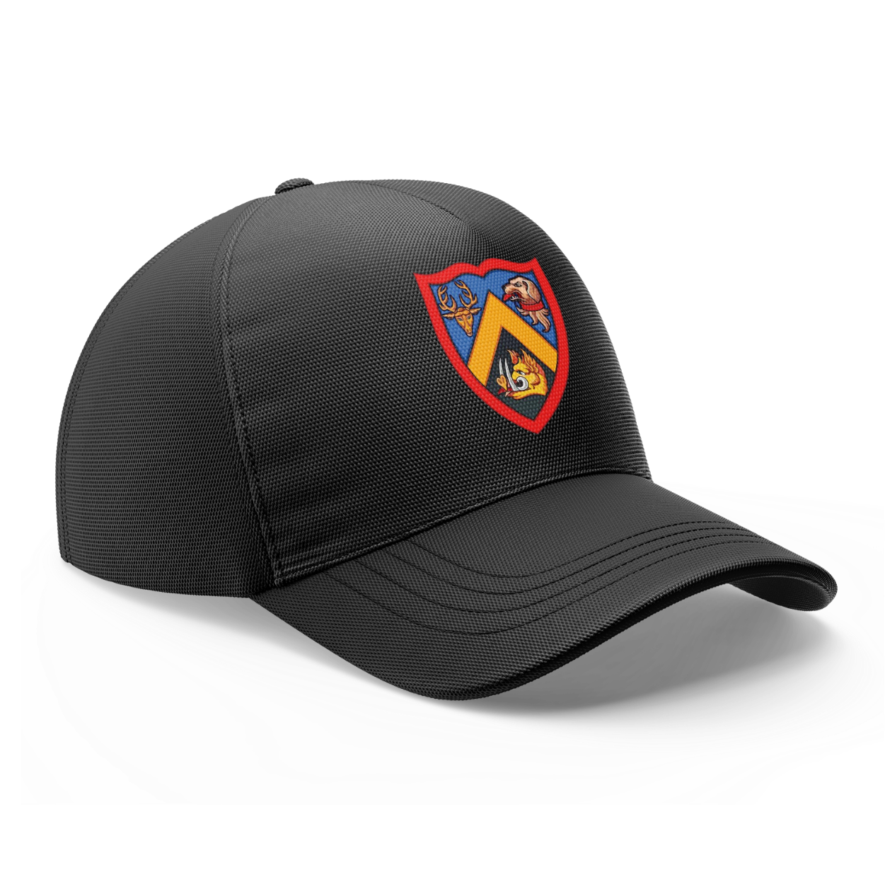 Rex Club | The Rex Club Trinity Academicals Stretch is a black baseball cap with a colorful shield emblem featuring a yellow diagonal stripe and illustrated animals on the front panel. | Custom Caps | Custom Hats | Team Headwear | UK