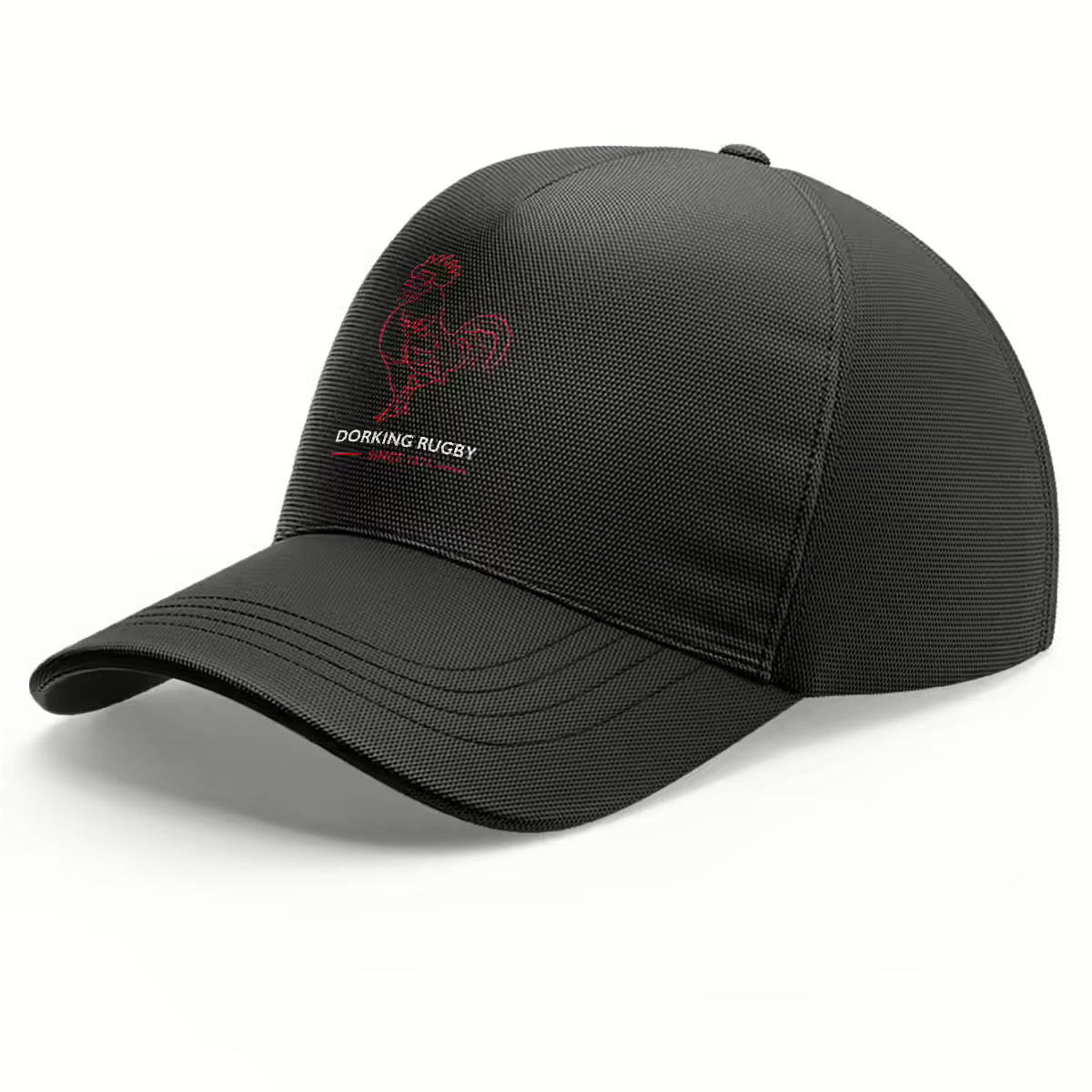 Rex Club | The Rex Club Dorking RFC Stretch is a black baseball cap with a red rooster outline and "Dorking Rugby" on the front, honoring Surrey's Dorking Rugby Club. Features include a curved brim and textured fabric, ideal for rugby fans. | Custom Caps | Custom Hats | Team Headwear | UK