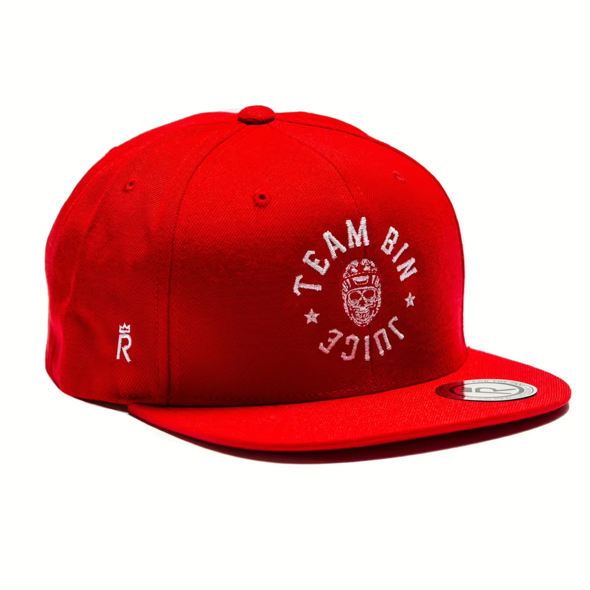Rex Club | The Rex Club "Team Bin Juice Benchwarming" snapback is bright red with white “TEAM BIN JUICE” embroidery around a cartoon face, a side-stitched crown logo, and a circular label on the flat brim. | Custom Caps | Custom Hats | Team Headwear | UK