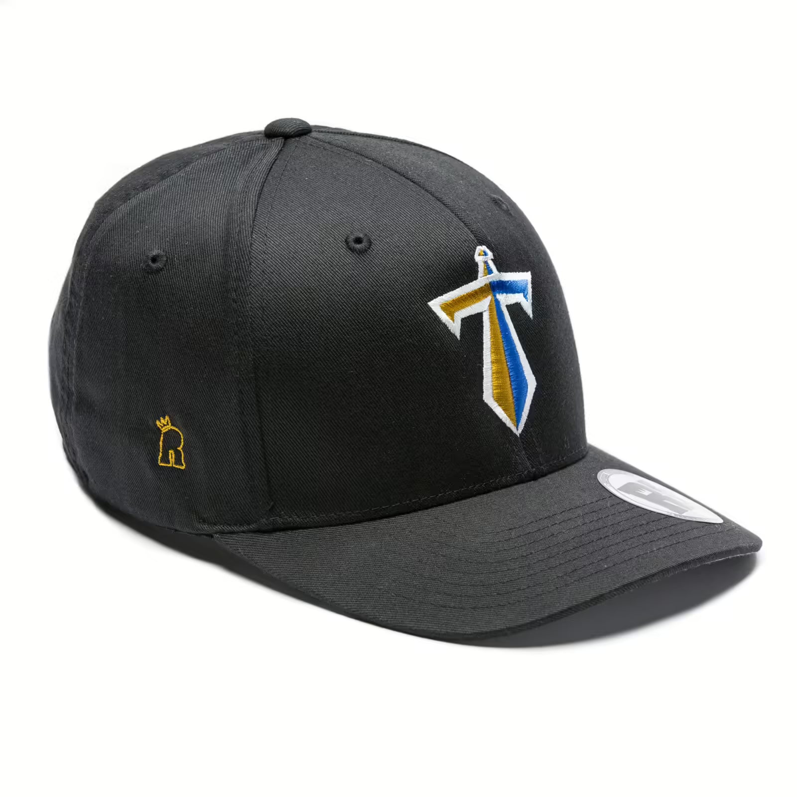 Rex Club | The Manchester Titans Stretch Fit - Black by Rex Club is a black baseball cap with a colorful embroidered pickaxe logo on the front and a small yellow bear emblem on the side. | Custom Caps | Custom Hats | Team Headwear | UK