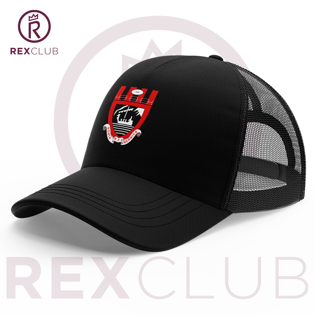 Rex Club | The North Berwick RFC Trucker by Rex Club features a black mesh design with a red and white crest and "REXCLUB" logo on the front. This Customised Edition is One Size Fits Most, ideal for a casual look. | Custom Caps | Custom Hats | Team Headwear | UK