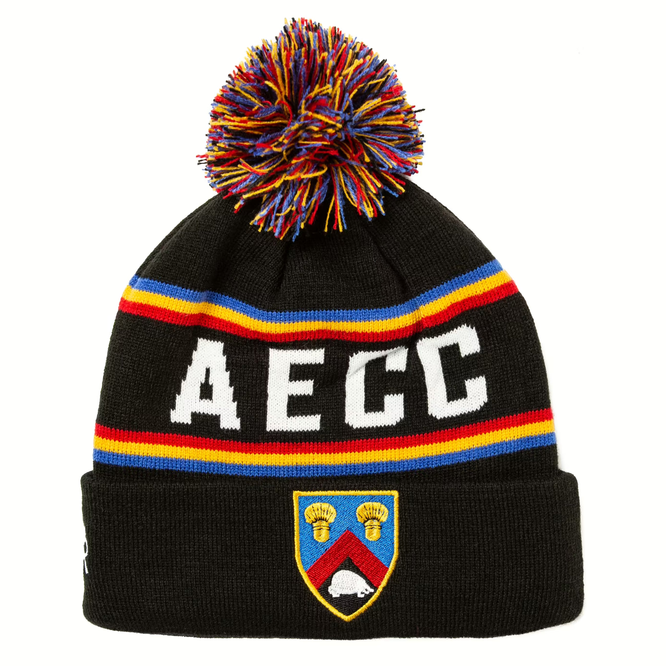 Rex Club | The Rex Club Alderley Edge CC Bobble Hat features black acrylic knit, colorful stripes, a multicolored pom-pom, bold "AECC", a patch with shield, yellow thistles and white boar details. Fleece lined for warmth. | Custom Caps | Custom Hats | Team Headwear | UK