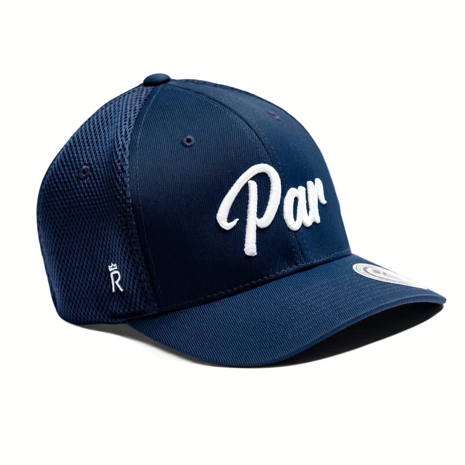 Rex Club | The Rex Club Par cap is a navy stretch fit golf hat with white mesh sides, "Par" embroidered in bold white script, and a small crowned "R" stitched on the side for a stylish, sporty look. | Custom Caps | Custom Hats | Team Headwear | UK
