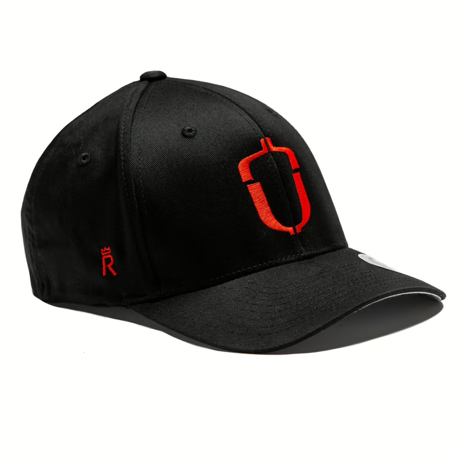 Rex Club | The Hartpury Rugby Stretch by Rex Club is a black stretch-fit baseball cap with a bold red and white embroidered Hartpury Rugby logo on the front, a small red crowned "R" on the side, and a curved brim. | Custom Caps | Custom Hats | Team Headwear | UK