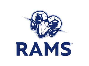 Rex Club | A stylized ram's head with large, curved horns appears above the word "RAMS" in bold blue letters on a white background. | Custom Caps | Custom Hats | Team Headwear | UK
