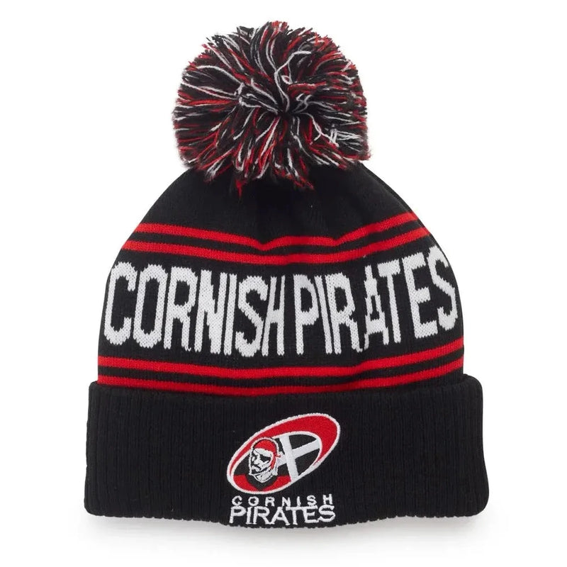 Rex Club | The Rex Club Cornish Pirates Bobble is a black, red, and white knit beanie with a pom-pom, "CORNISH PIRATES" text around the crown, and the team logo on the front—ideal for supporting your team at Champ Rugby matches. | Custom Caps | Custom Hats | Team Headwear | UK