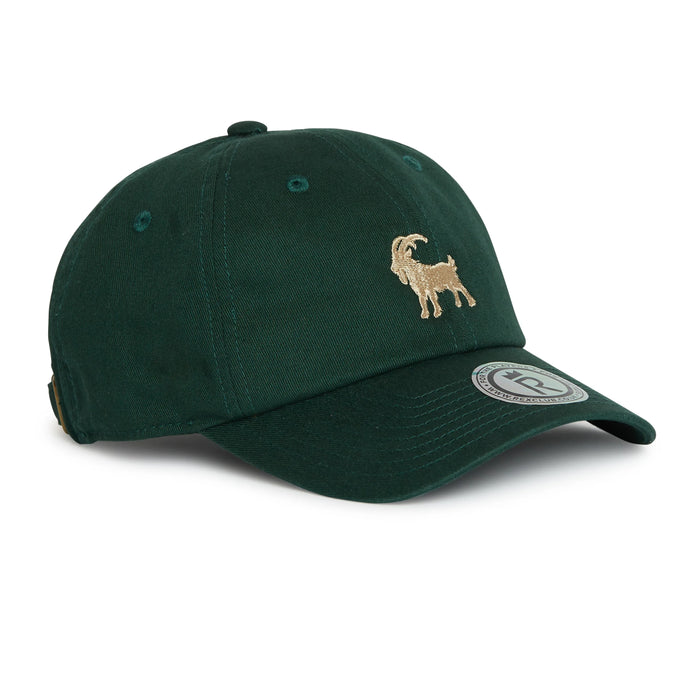 Rex Club | The Rex Club Goat - Dark Green cap features a dark green design with an embroidered tan goat on the front and a circular logo sticker on the visor. | Custom Caps | Custom Hats | Team Headwear | UK