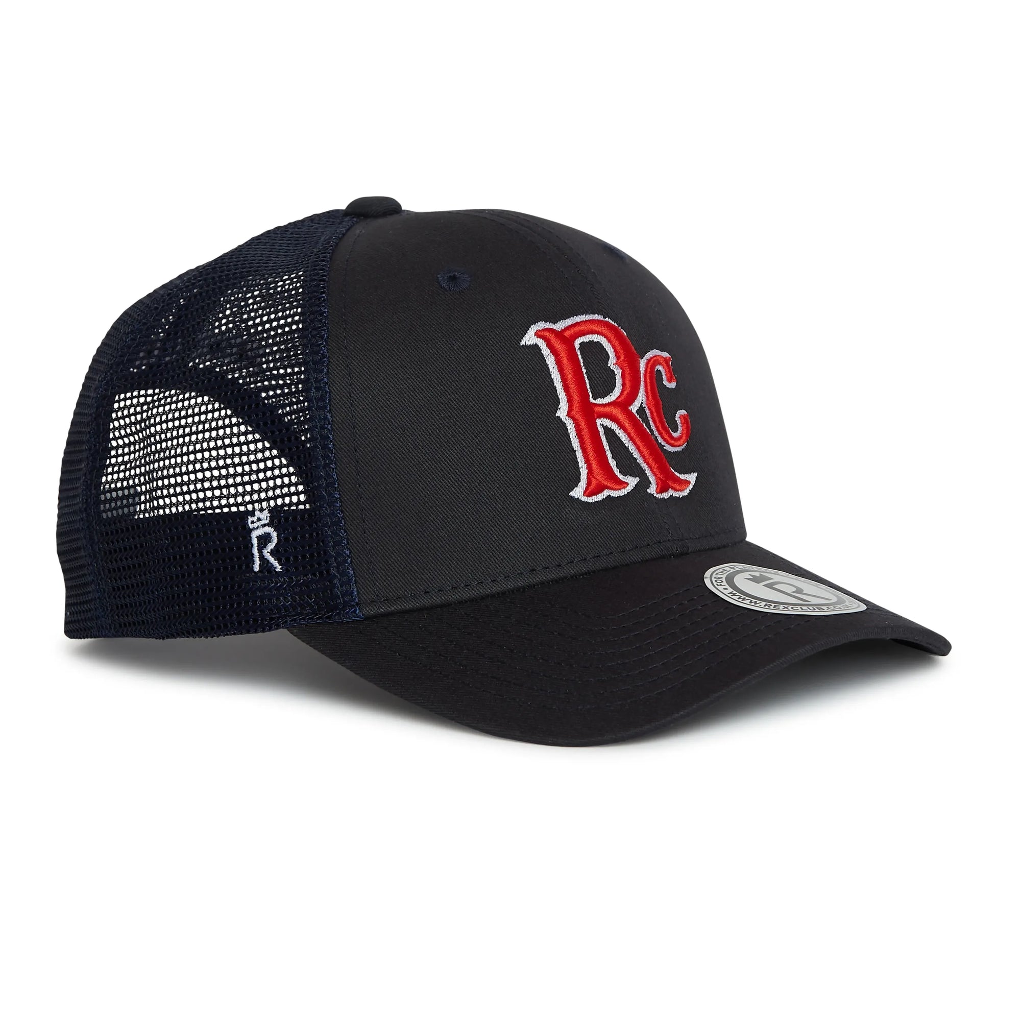 Rex Club | The RC 26 Trucker by Rex Club is a dark blue and black mesh-back hat featuring a bold red and white "RC" team monogram on the front and a small "R" on the side, inspired by classic Rex Club style. | Custom Caps | Custom Hats | Team Headwear | UK
