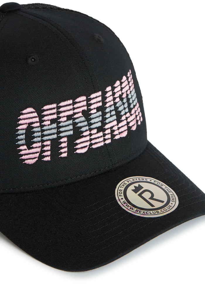 Rex Club | The OFFSEASON 26 Trucker by Rex Club is a black cap with "OFFSEASON" embroidered in a white, gray, and pink gradient. A round website sticker on the brim adds a distinctive stylish touch to this RC-Sun trucker cap. | Custom Caps | Custom Hats | Team Headwear | UK