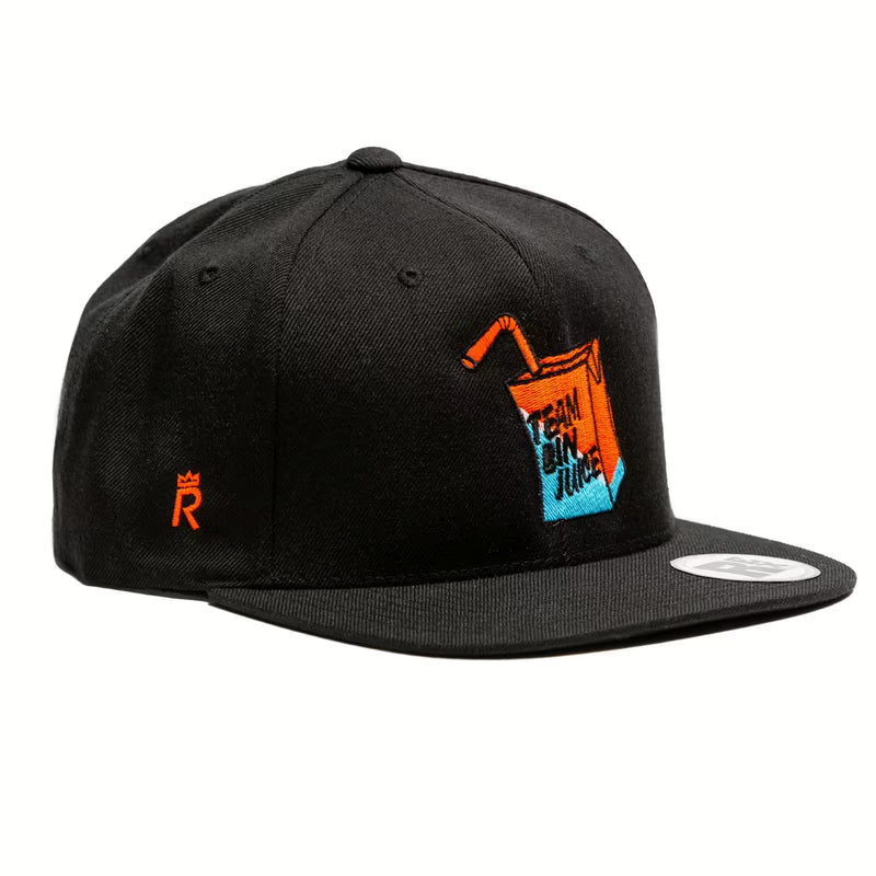 Rex Club | The Rex Club Team Bin Juice Carton snapback features a vibrant embroidered juice box and "LEAN ON JUICE" text on the front, plus an orange crown logo on the side—ideal for Team Bin Juice fans. | Custom Caps | Custom Hats | Team Headwear | UK