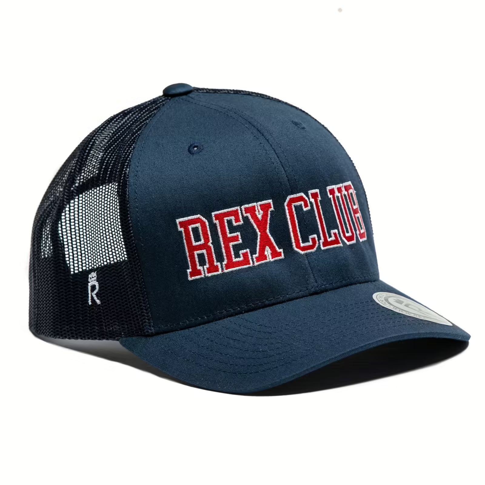 Rex Club | The Rex Club "College" hat is a navy blue mesh trucker cap with a curved bill, bold red and white "REX CLUB" on the front, a small "R" logo on the side panel, and an adjustable fit for most sizes. | Custom Caps | Custom Hats | Team Headwear | UK