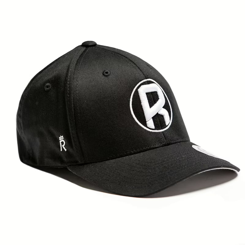 Rex Club | The Rugby Pod Stretch by Rex Club is a black baseball cap with a bold white "R" in a circle on the front and a crowned "R" on the side—ideal for rugby fans and supporters of The Rugby Pod or Rex Club. | Custom Caps | Custom Hats | Team Headwear | UK