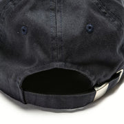 Rex Club | Close-up of the back of the Rex Club Uppingham Rovers Slouch cap in black, featuring an opening and an adjustable metal buckle strap. | Custom Caps | Custom Hats | Team Headwear | UK