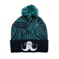 Rex Club | The Rex Club Mo Rugby Bobble is a teal and black zigzag knit beanie with a pom-pom, featuring a white two-fist bump mustache design on the front cuff. | Custom Caps | Custom Hats | Team Headwear | UK