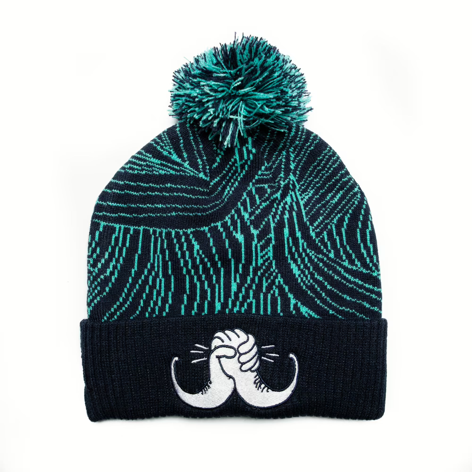 Rex Club | The Rex Club Mo Rugby Bobble is a teal and black zigzag knit beanie with a pom-pom, featuring a white two-fist bump mustache design on the front cuff. | Custom Caps | Custom Hats | Team Headwear | UK