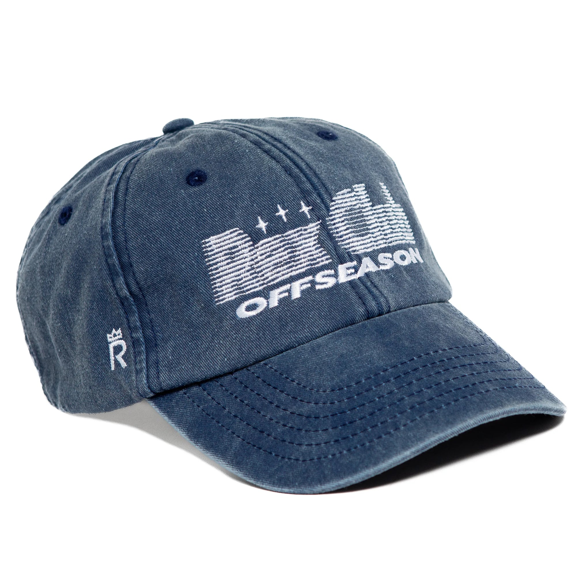Rex Club | The Rex Club Offseason 2025 is a blue denim 100% cotton baseball cap with white stitched "OFFSEASON" graphics, stars, and a side brim "R" logo. Also available in Washed Black and Washed Navy. | Custom Caps | Custom Hats | Team Headwear | UK