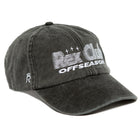 Rex Club | The Offseason 2025 by Rex Club is a washed black, 100% cotton baseball cap with white embroidered "OFFSEASON" text, buildings, and stars. A small white "R" logo adds detail to the side. | Custom Caps | Custom Hats | Team Headwear | UK
