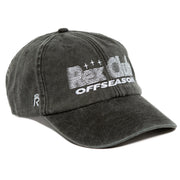 Rex Club | The Offseason 2025 by Rex Club is a washed black, 100% cotton baseball cap with white embroidered "OFFSEASON" text, buildings, and stars. A small white "R" logo adds detail to the side. | Custom Caps | Custom Hats | Team Headwear | UK